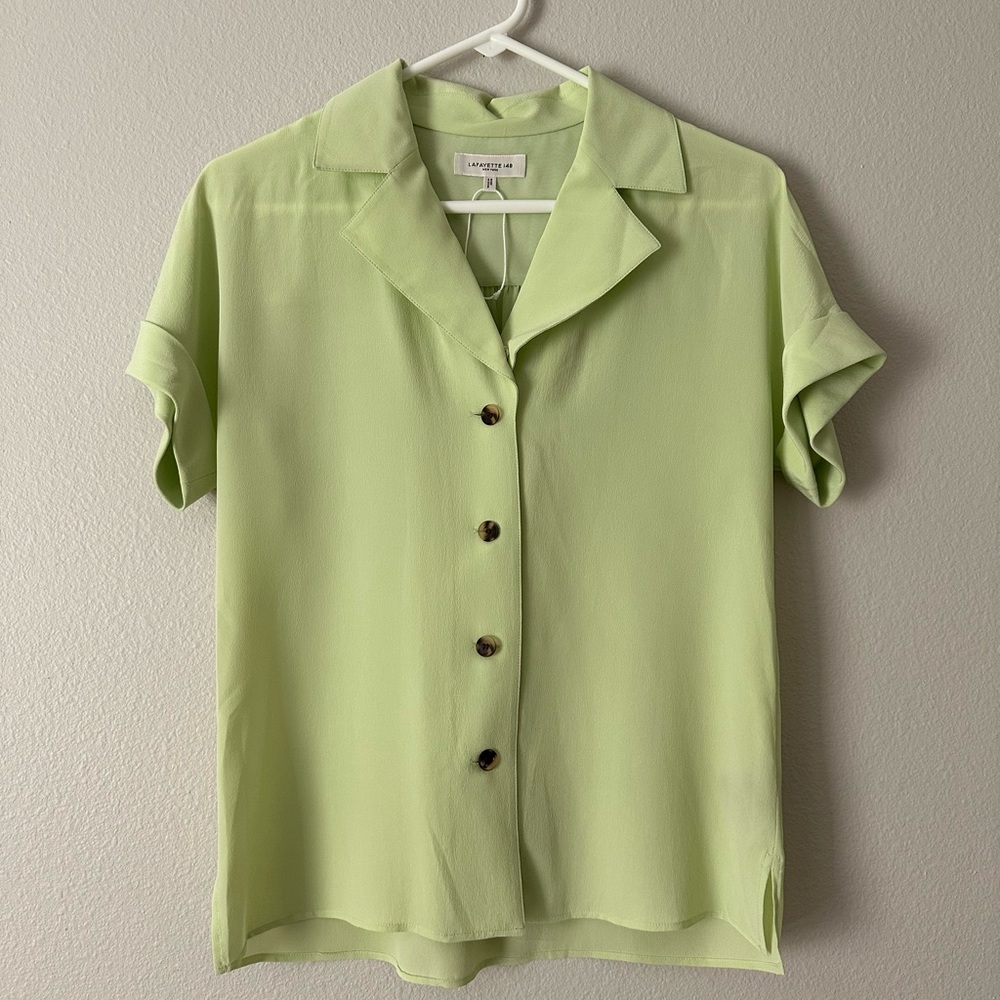 498$ Lafayette 148 Sabine Button-Up 100% Silk Blouse Key Lime Green Size XS